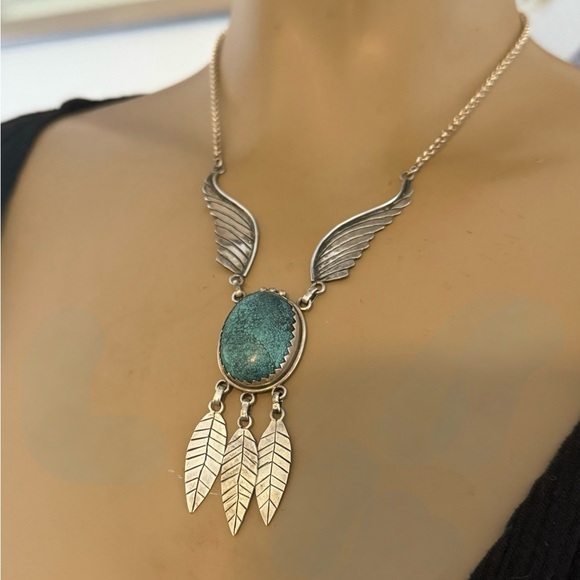 Vtg Genuine Spiderweb Turquoise 925 Sterling Silver Bib Necklace NA - Picture 2 of 9